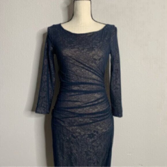 Reiss Dark Blue Sheer Lace Underlay Ruched Bodycon Midi Dress - Picture 5 of 11